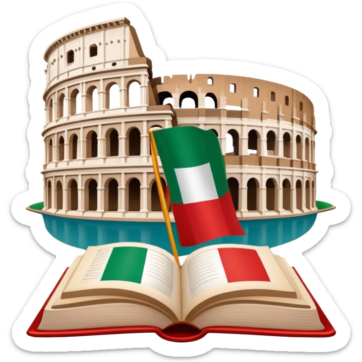 An icon featuring the Colosseum and the flag of Italy, symbolizing the Italian language. The design includes an open book with Italian phrases and a gondola, representing language learning and cultural exploration. Transparent background sticker