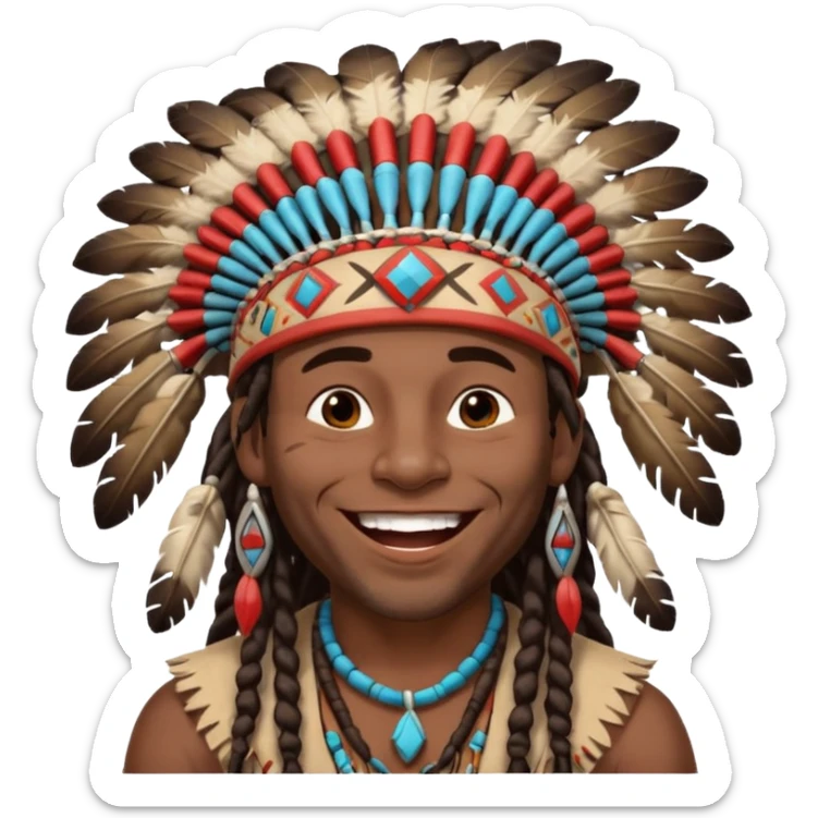 Black American man dark brown with dreads with a American Indian headdress with a laughing face sticker