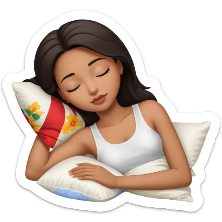 beauty african american woman, shoulder length dark hair,  sleeping laying on her side with a white silk pillow, she is wearing a white tank top sticker