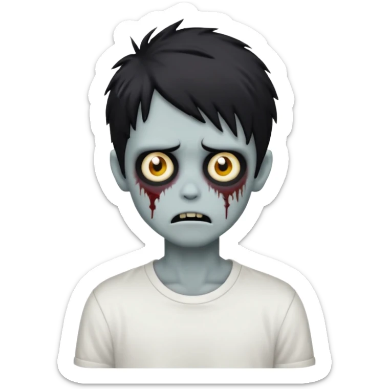 spooky zombie boy, black shaggy emo hair, creepy expression, white shirt, emoji style sticker