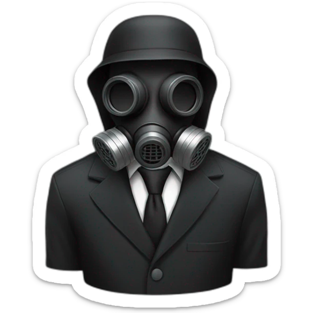 Poker face man, black hair and black gas mask on and black pant suit sticker