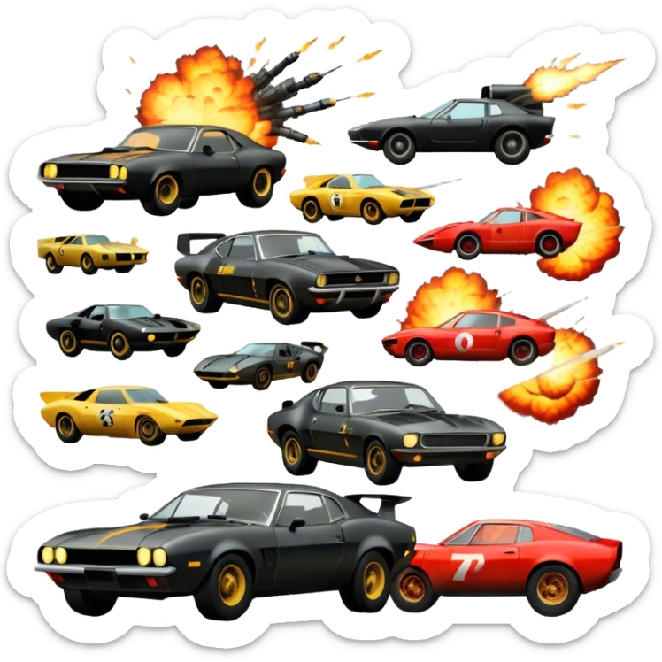 Photorealistic Icon for Action Movies: Dynamic close-up collage of iconic action movie scenes featuring explosions, fast cars, combat, and weapons. Include silhouettes of famous action heroes, dramatic lighting, and a sense of high-octane energy. Transparent background. sticker