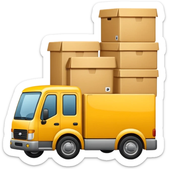 logo of a truck carrying boxes and an armchair, for furniture delivery service 'Gruzovichek', iOS emoji style sticker