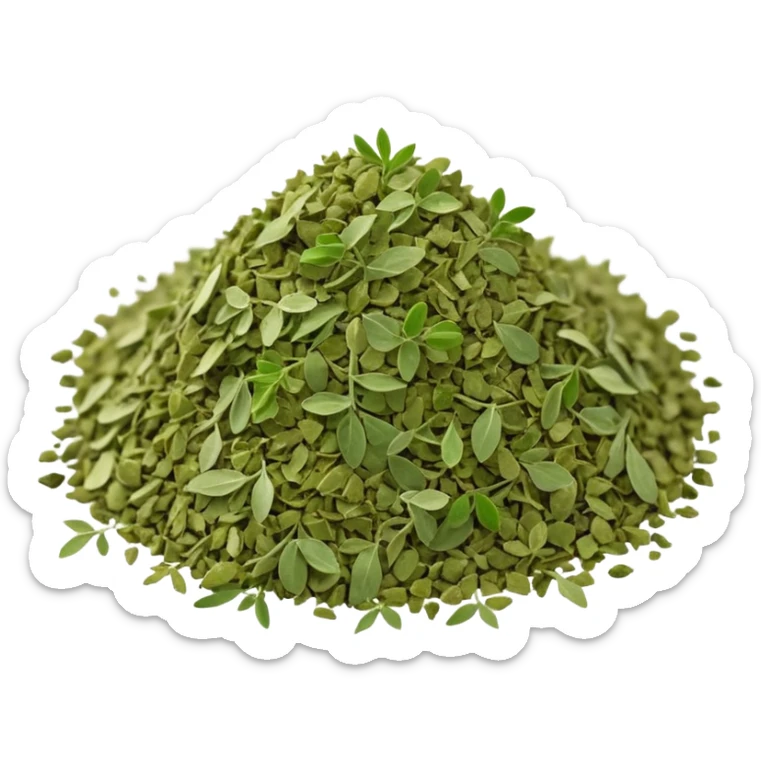 pile of dried oregano, soft green and olive, crumbly and irregular, finely broken leaves, dry matte look, 3D clean style, no faces or extra elements, transparent background sticker