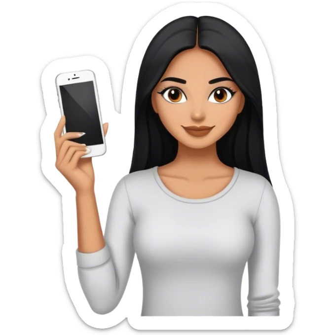 beautiful fit woman, with long straight black hair, with make up, black eye liner, smile mooth close, mexican, brown skin, wearing casual outfit, flirting sticker