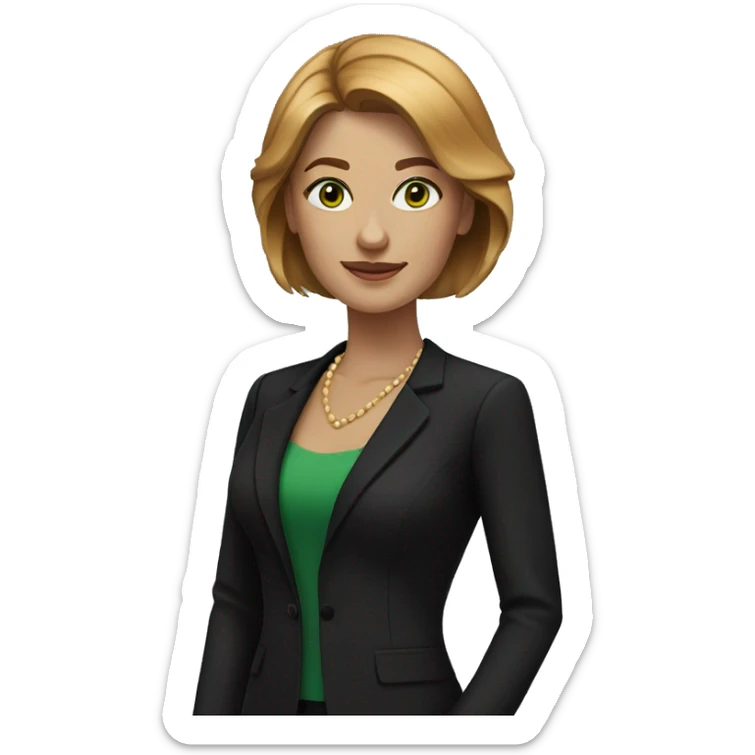 executive woman, straight golden brown hair, green eyes, black dress sticker