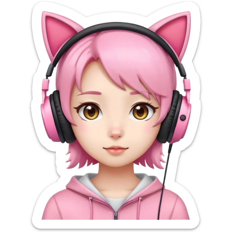 Cute Japanese girl wearing pink cat ear headphones sticker