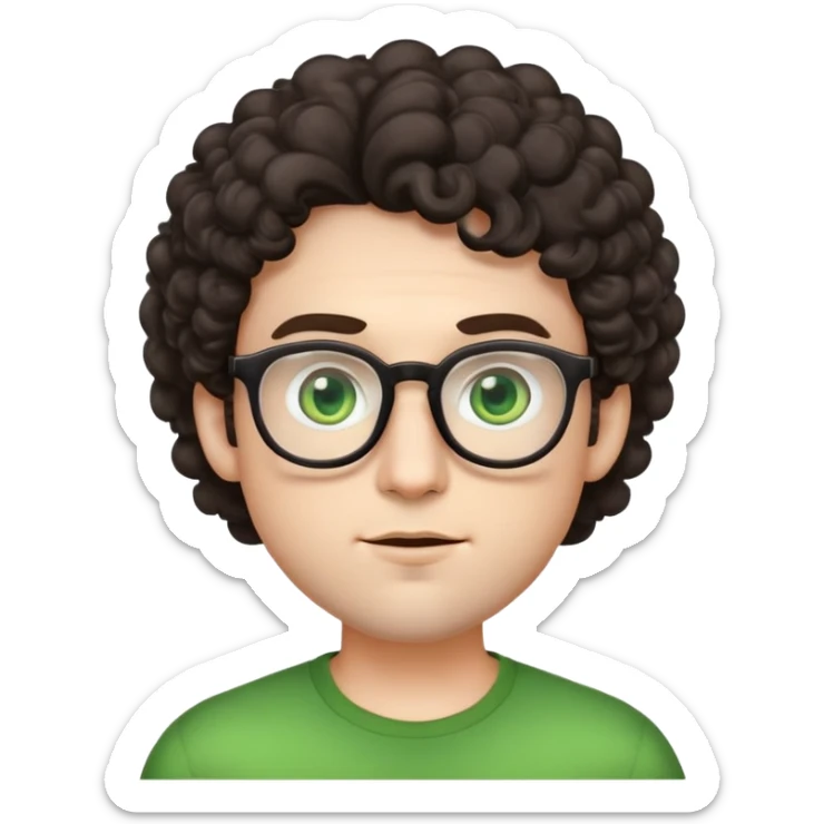 young male emoji with wide face, fuller lips, very poofy voluminous dark slightly curly hair, big ears, pale skin, glasses, green eyes set wider apart, very light stubble sticker