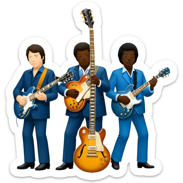 Icon for Blues Music: close-up collage of legendary blues artists. Gary Moore, Eric Clapton, B.B. King and Joe Cocker. Represented by silhouettes or symbolic items like guitars, microphones, or music notes, reflecting the soulful energy of blues music. Transparent background. sticker