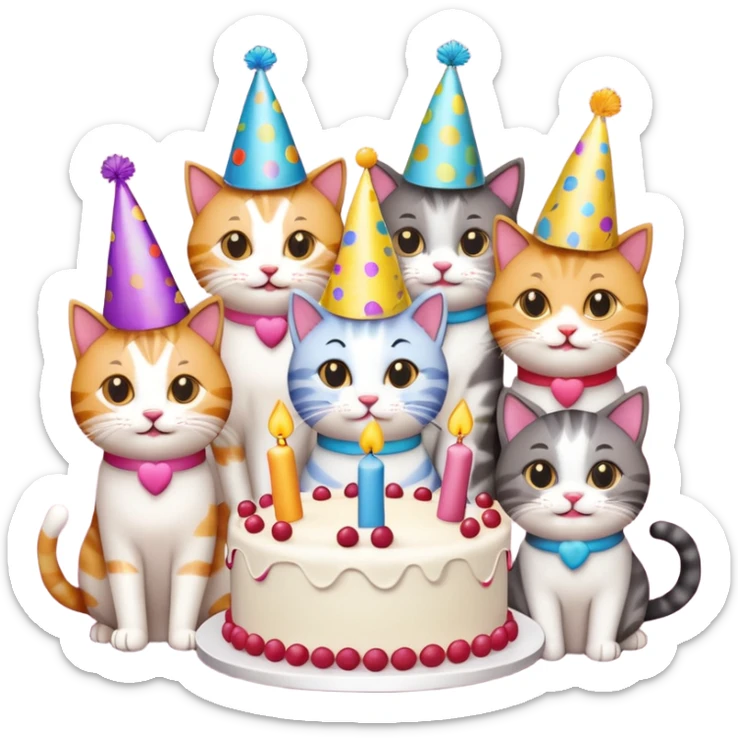 six cats celebrating a 40th birthday, party hats, cake with number 40, emoji style sticker