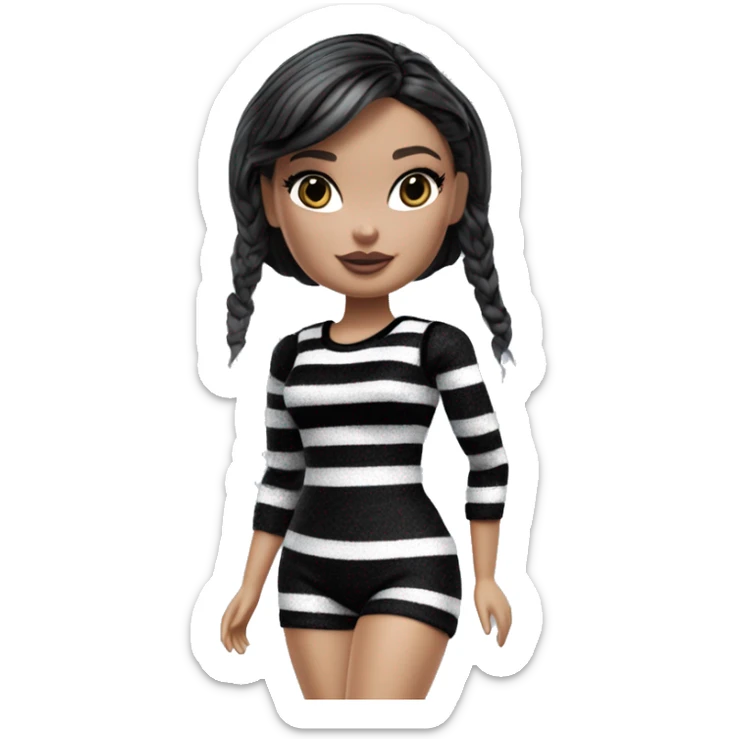 Bouclé Beauty Lingerie Barbie, Wednesday Addams from academy, in dark-gray and black striped outfit. sticker
