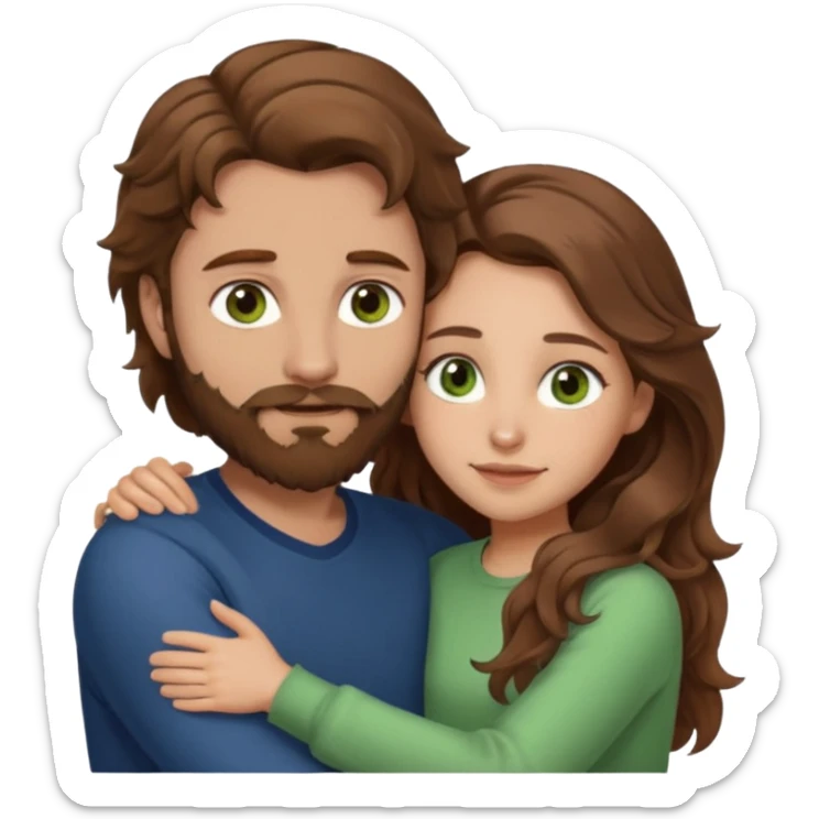 a man with  brown hair and brown beard with hazel eyes and a girl with long brown wavy hair with green eyes, togheter, with neutral clothes, hugged each other sticker