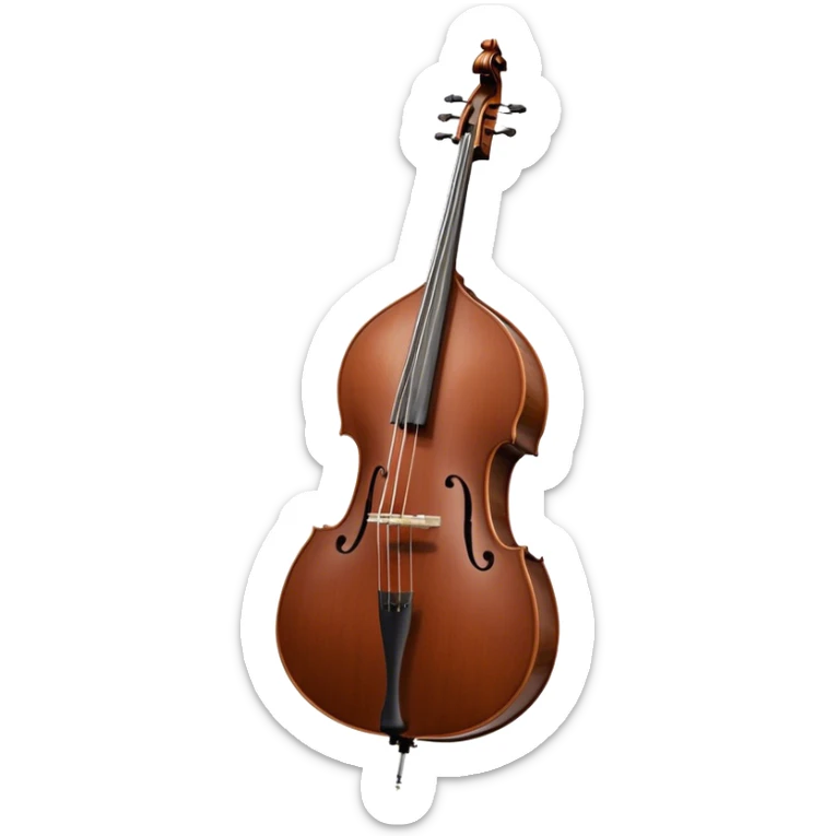 Create an elegant and detailed emoji representing a Gliga Gama double bass with bow. The design should showcase the large, sleek body of the double bass with its rich wood finish, including the characteristic curves and deep tone holes. The bow should be elegantly positioned next to the instrument, highlighting the hair and smooth wooden stick. Use warm wood tones like chestnut brown for the body of the bass, silver accents for the fittings, and dark brown for the bow. Add subtle musical notes or sound waves flowing from the bass to represent its deep, resonant sound. The background should be transparent. sticker