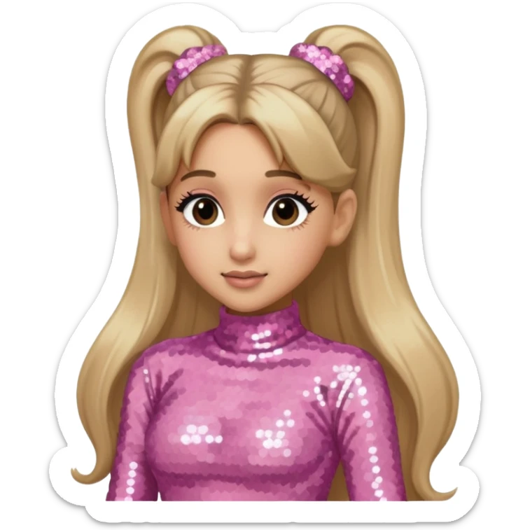 Ariana Grande with long dark blonde ponytail hair, light pink sequin outfit sticker