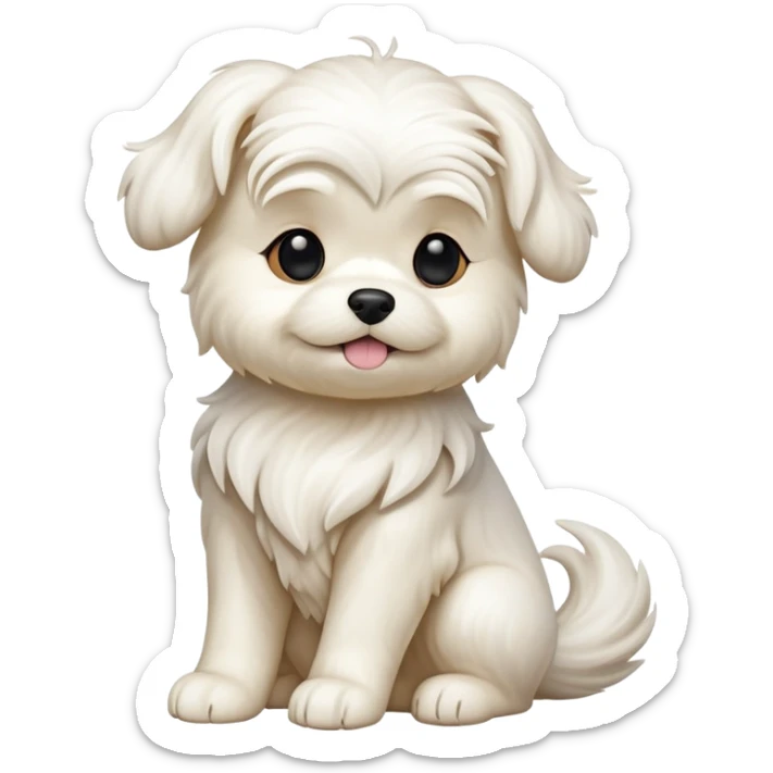 cinematic-[Maltese dog]-realistic-full-body-sitting-emoji,-tail-resting-loosely-beside-its-paws,-head-tilted-dramatically, -wavy-[cream white]-fur,-simplified-yet-realistic-focused-features,-highly-detailed,-glowing-with-an-almost-sarcastic-glow sticker