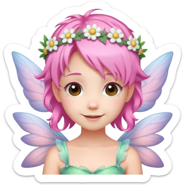 A tiny pastel fairy with pink hair with glowing wings and a sweet smile and tiny flower crown sticker