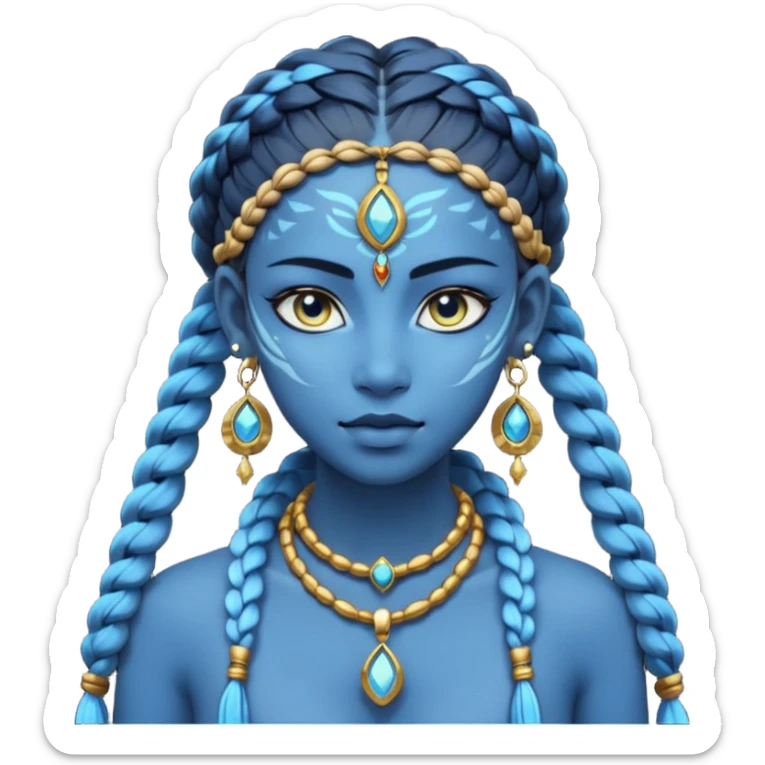 Illustrate a Pandora-style female avatar with radiant blue skin, intricate facial markings, twin braids flowing down, and deep luminous eyes. She wears golden earrings and a tribal rope necklace with a gem, her calm yet powerful gaze reflecting the spirit of the Na’vi. sticker