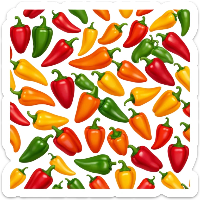 Cinematic bright colorful peppers, glossy and fresh, arranged in a vibrant mix of red, yellow, and green, warm glowing background, fresh and lively. sticker