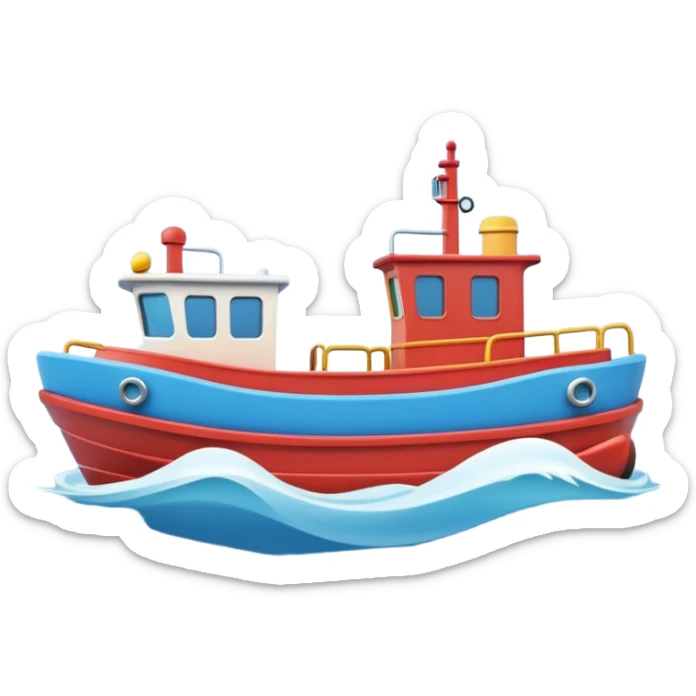 A 3D cartoon tugboat towing another boat on calm blue water, soft waves, clear sky, Memoji-style. sticker