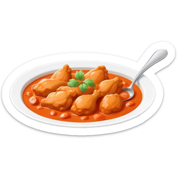 Cinematic Realistic Butter Chicken Dish Emoji, depicted with tender chicken simmered in a creamy tomato‚Äêbased sauce rendered with rich textures and dynamic, appetizing lighting. sticker