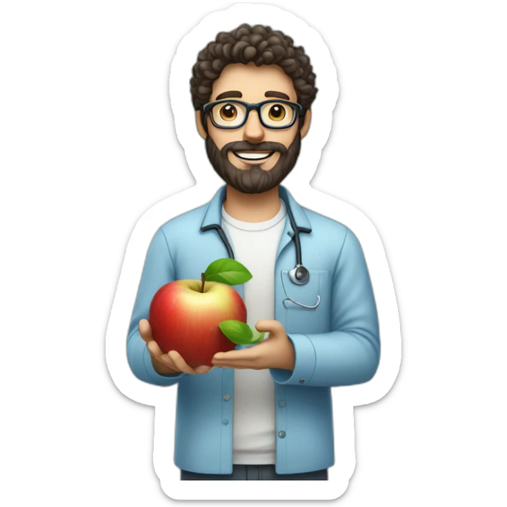 A male nutritionist with a full beard and dark, curly hair and white skin, wearing glasses, holding an apple in his hand. Who has a light blue shirt on. sticker