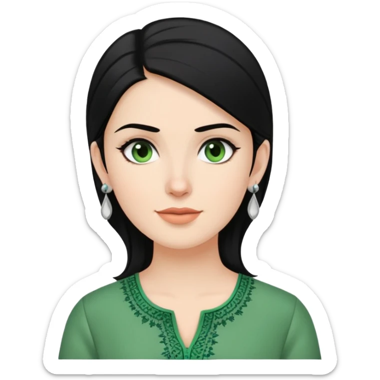 a white woman with black hair and green kurti beautiful casual and silver earrings in her ear sticker