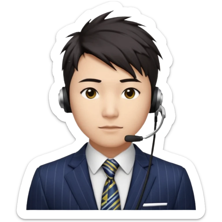 30 years old full kind of chubby face, very asian, short dark hair styled upward with a spiked swoop in front, a clean-shaven face, focused eyes, and a slim headset over one ear, wearing a dark pinstripe suit with a patterned dress shirt and a bright solid-colored tie visible from the chest up. sticker