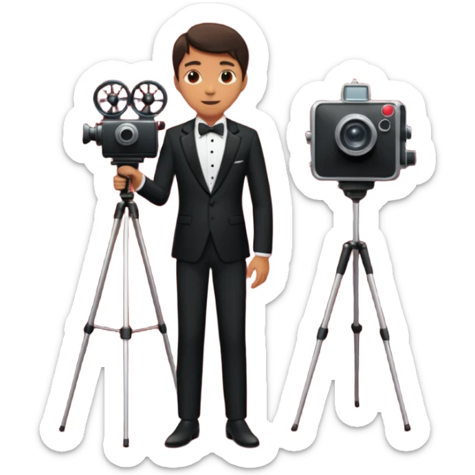 an actor standing on a red carpet with a formal tuxedo, with only one movie camera on a tripod next to him. sticker