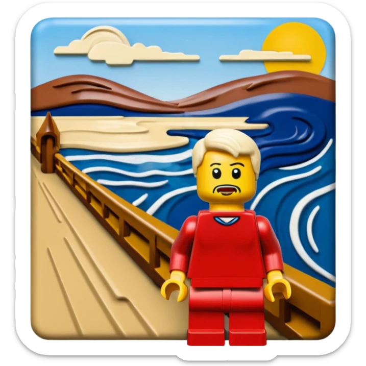 Edvard munch the scream landscape in the style of Lego with a minifig sticker
