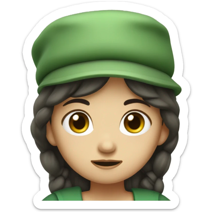 sad shepherdess, white skin, long dark hair, green dress and a hat whole body emoji sticker