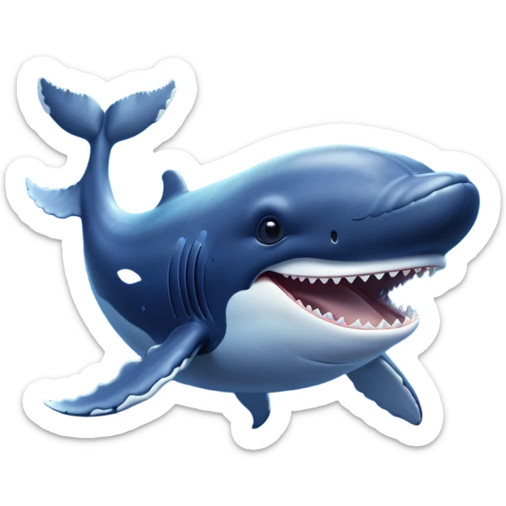 Meme-Worthy Singing Humpback Whale Portrait Emoji, Mouth open wide in a dramatic, melodious pose, showcasing a deep blue-gray body with barnacle accents and an expressive, soulful gaze, Simplified yet artistically graceful features, highly detailed, glowing with a soft, magical marine aura, high shine, enchanting and full of life, stylized with an air of deep-sea wonder, soft glowing outline, capturing the essence of a majestic humpback whale mid-song, resonating with the beauty of the ocean's ancient melodies! sticker