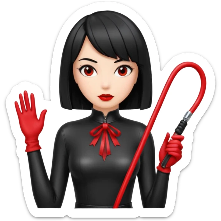 madam with straight bob black hairstyle in black latex with red whip in hand sticker