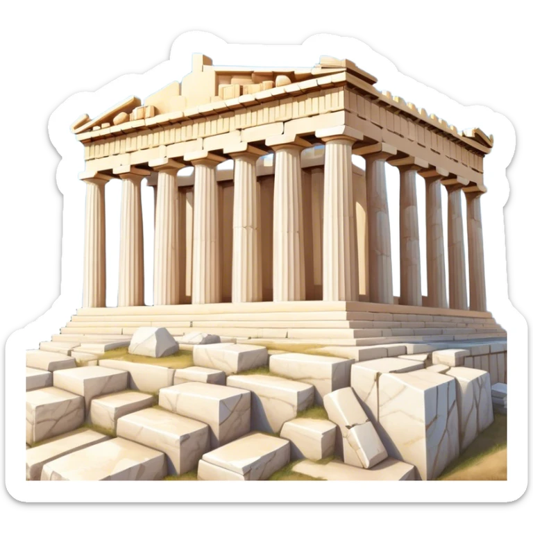 Cinematic Realistic Acropolis Landmark Emoji, showing the Parthenon standing proudly atop the Acropolis hill, with its marble columns glowing under the warm Athenian sunlight against a blue sky. sticker