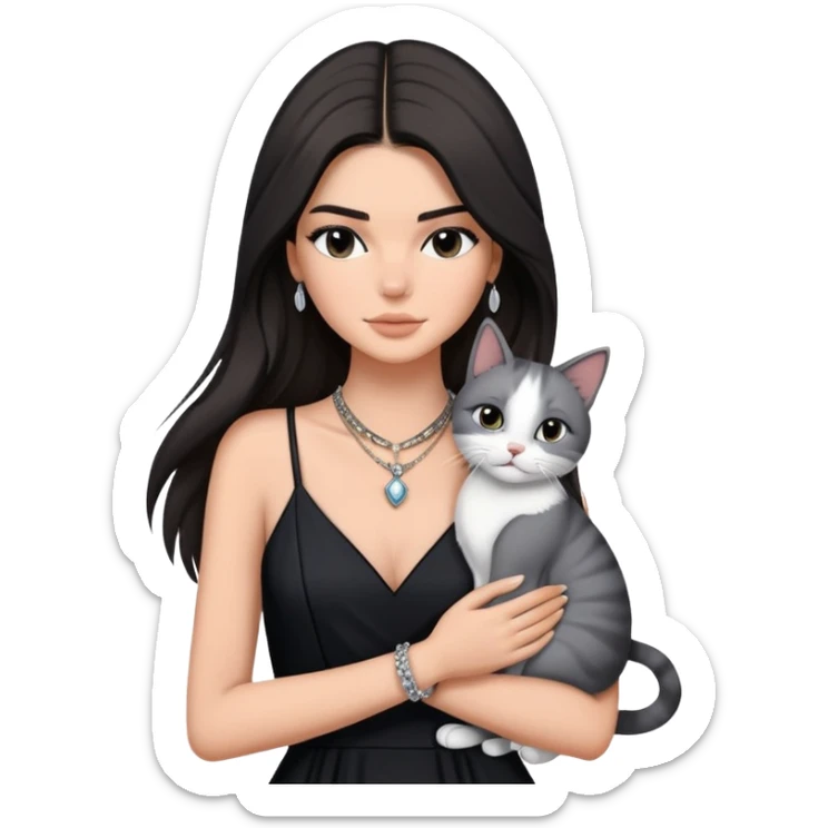 Kendall Jenner long hair with black dress and necklace hug one grey white cat sticker