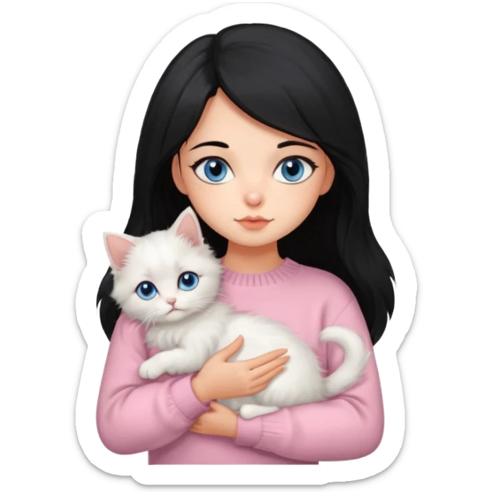 Girl with mid long black hair in soft pink sweater holding A 2-month-old Persian-Angora mix kitten with blue eyes and mostly orange fur with white patches cat sticker