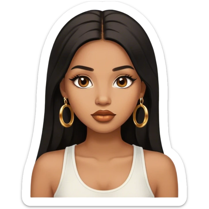 light brown skin tone, very beautiful woman, with big plump lips, long long lashes, black straight long hair, brown eyes, white tank top, gold hoop earrings sticker