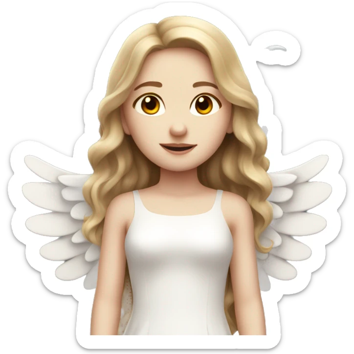 Pale skinned girl with long light brown hair in a white dress with angel wings sticker