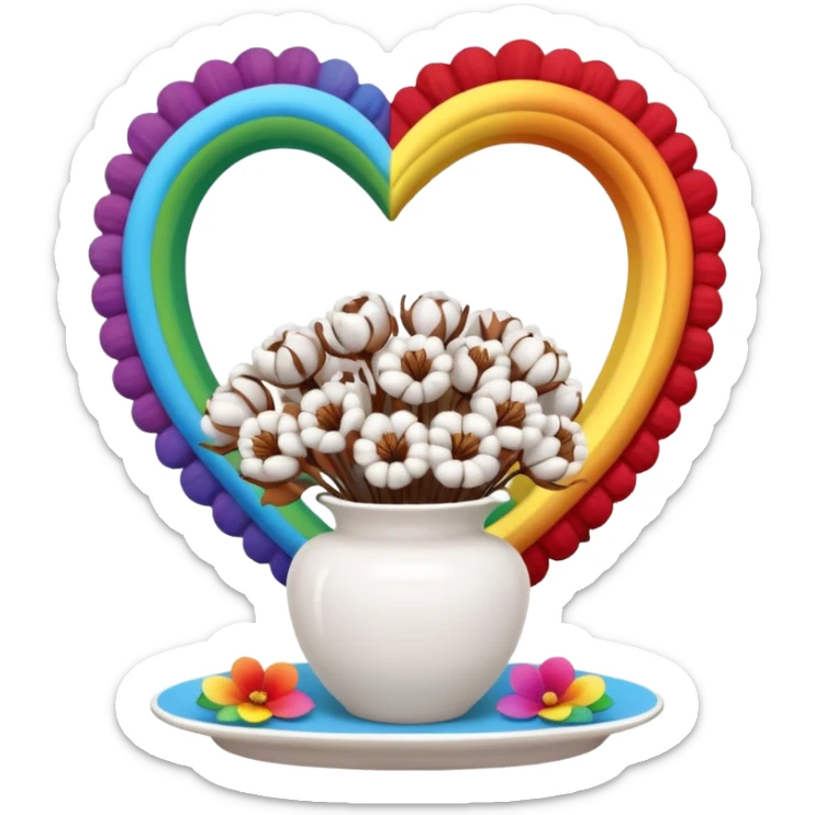 a bouquet of cotton flowers with brown dried petals, in a white ribbed vase on a white tray. next to it is a figurine in the form of a white heart, with a rainbow outline sticker