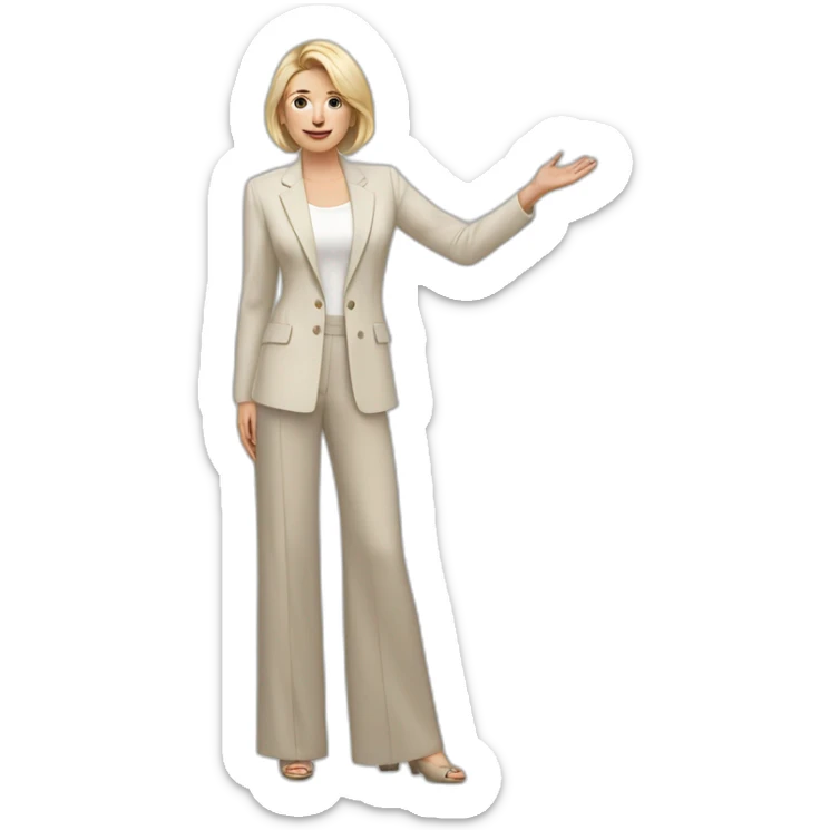 Full height Actively gesturing with hands pale skin woman with ash blonde Straightened bob Hair, White Spacious classical jacket, beige palazzo Arrow pants and gray blouse sticker