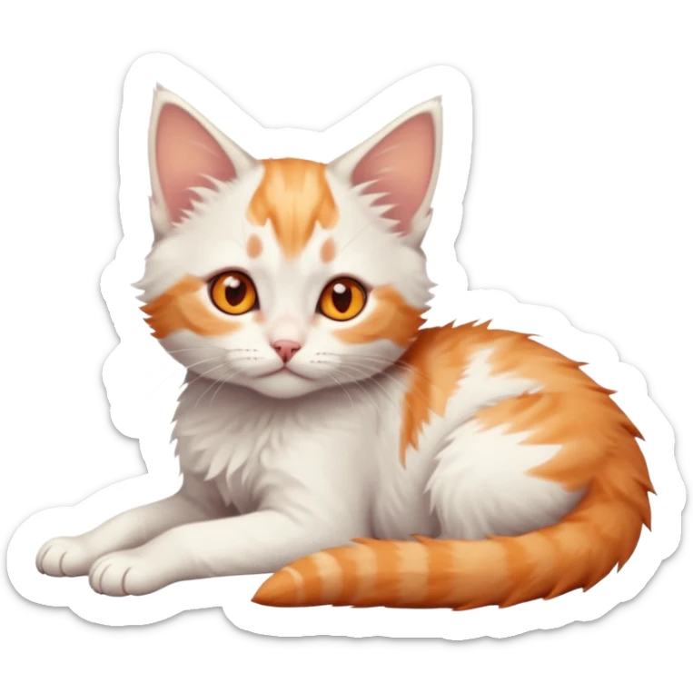 full body of very small + skinny ginger and white kitten with deep orange eyes and triangular shaped face lying down sticker