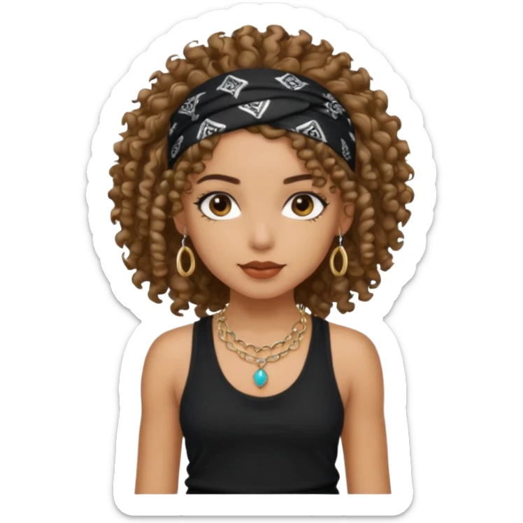 Baddie girl with black  tank top curly hairss and bandana and jwellery sticker