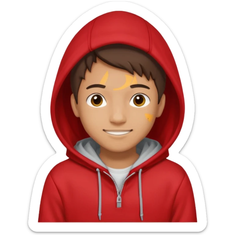make me an emoji of an americain 19 yearold boy in a red hoodie that says "south" on it and give him with tan skin with his hands in his hands in his pocket wth a small smile with his hood on sticker