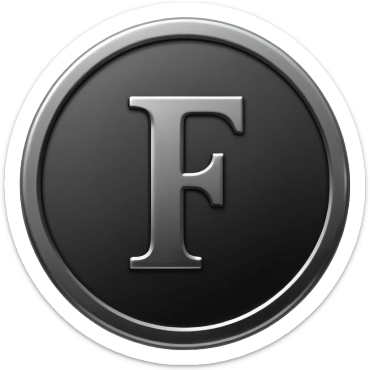 Emoji icon of a black coin with engraved letter F, minimalist style, isolated, no color sticker