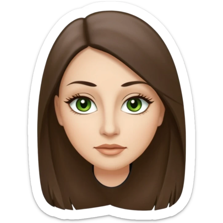 40 year old Adult woman avatar, light skin tone, oval face, long straight ashy brown hair, green almond-shaped eyes with dramatic eyelashes and minimal eyeliner, neutral mouth, medium straight eyebrows, small nose, smooth skin sticker