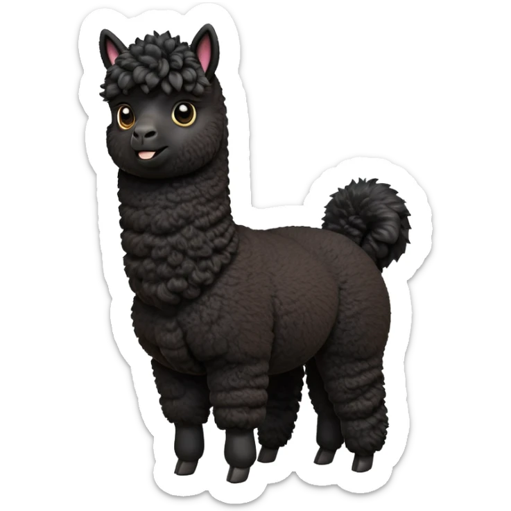 cinematic-[black alpaca]-realistic-full-body-standing-emoji,-tail-flicking-lazily,-head-tilted-dramatically,-curly-[black]-fur,-simplified-yet-realistic-focused-features,-highly-detailed,-glowing-with-an-almost-sarcastic-glow sticker