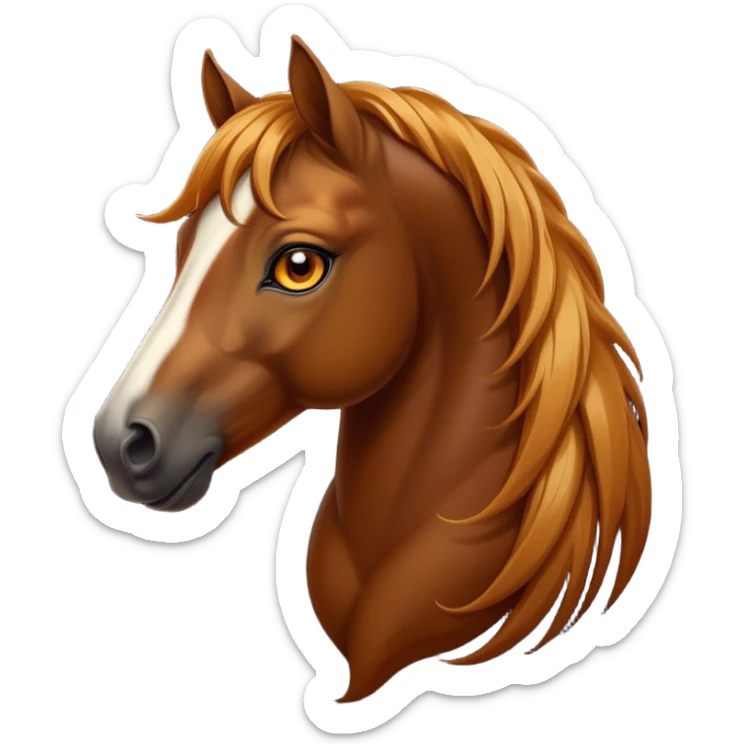 Cinematic Elegant Bay Horse Portrait Emoji, Head held high with a serene, majestic gaze, showcasing a magnificent bay fur with a rich, lustrous sheen, a flowing mane and tail, and radiant amber eyes that exude beauty and grace, Simplified yet majestically refined features, highly detailed, glowing with a soft, ethereal light, high shine, poised and breathtaking, stylized with an air of pure elegance, capturing the essence of a stunning and graceful steed, so beautiful it feels like it could gallop out of the screen with effortless charm! sticker