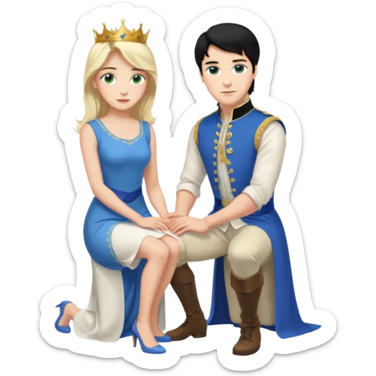 prince, upright, black Hair, blue eyes, garment,  woman, bending knee, white sleveless dress, blonde hair, green eyes, sticker