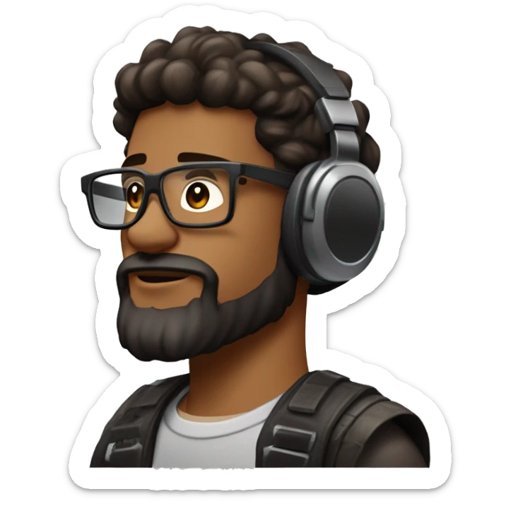 Chaval de 22 años con barba negra y pelo marron con mechas rubias jugando con mandos, cascos gamer y gafas sticker