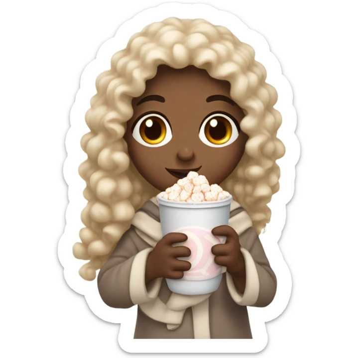 Light skin girl with curly hair under our blanket, make it so you can see the curly hairsipping hot cocoa with marshmallows, cuddled around the blanket, long curly hair, long, medium lashes sticker