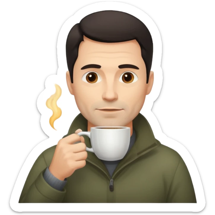 A handsome 45 year old white man with dark hair in a fog drinking a cup of coffee sticker